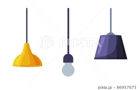 Metallic stylish hanging ceiling lamps set, cozy room interior element vector illustration Metallic stylish hanging ceiling lamps set, cozy room interior element vector illustration 86957075