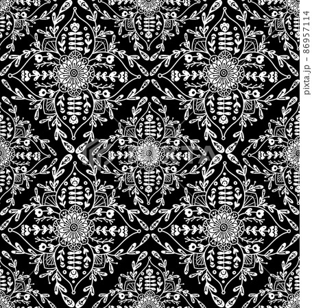 Vector monochrome floral pattern with folk ornament. Seamless tiled texture with white rural contour flower composition on black background. 86957114