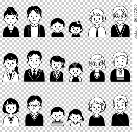 插圖素材集：3 組 3 代家庭面帶微笑面對前方（半身像 / 帶主線 / 黑白） 86957209