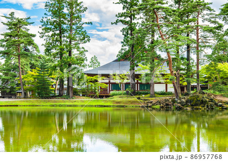 岩手県平泉町 毛越寺　～大泉が池と本堂～ 86957768
