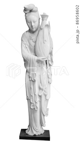 Geisha figurine in national dress, kimono traditional hair, fan in her hand. Souvenir doll, isolated on white background with clipping path 86958602
