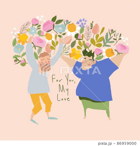 Funny Cartoon Men holding Armful Spring Flowers 86959000