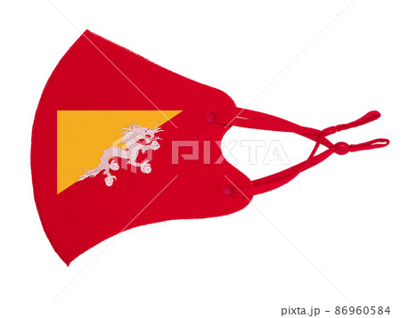 Red cotton reusable cloth protective mask looks as flag of Kingdom of Bhutan isolated on white background 86960584
