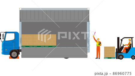 中型トラックと誘導員とフォークリフトの積み込みイメージ 86960775