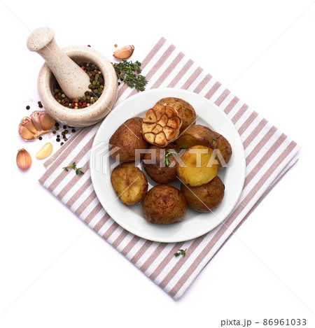 Plate of Baked potato isolated on white background 86961033