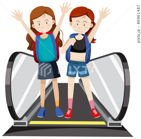 Front view of two travellers on moving walkway 86961487