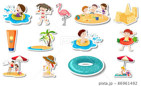 Set of summer beach items and children Set of summer beach items and children 86961492