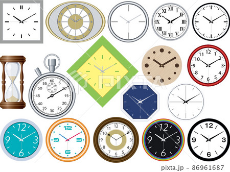 色々なデザインの時計やストップウォッチや砂時計のセット 86961687