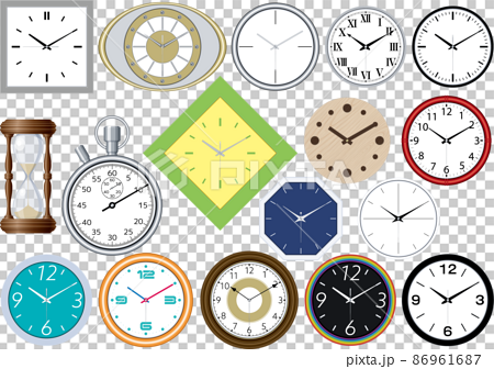 色々なデザインの時計やストップウォッチや砂時計のセットのイラスト素材