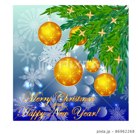 A square blue christmas background with snowflakes, coniferous branches, decorated with yellow balls, stars. The inscription Merry Christmas and a Happy New Year A square blue christmas background with snowflakes, coniferous branches, decorated with yellow balls, stars. The inscription Merry Christmas and a Happy New Year 86962268