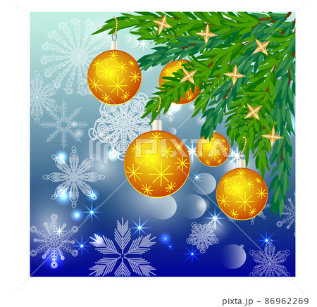 A square blue christmas background with snowflakes, coniferous branches, decorated with yellow balls, stars. A square blue christmas background with snowflakes, coniferous branches, decorated with yellow balls, stars. 86962269