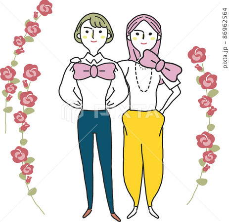 ピンクのリボンと花に囲まれた二人の女性　イラスト素材	 86962564