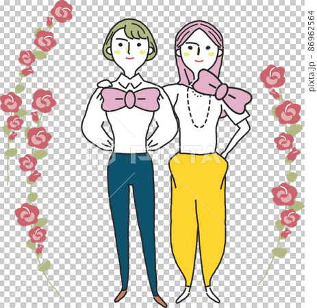 ピンクのリボンと花に囲まれた二人の女性　イラスト素材	 86962564