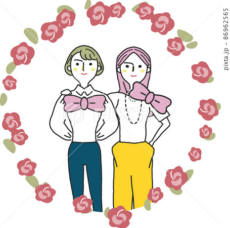 ピンクのリボンと花に囲まれた二人の女性 イラスト素材 ピンクのリボンと花に囲まれた二人の女性 イラスト素材 86962565