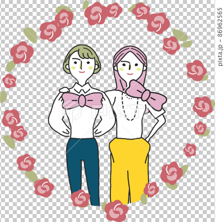 ピンクのリボンと花に囲まれた二人の女性 イラスト素材 ピンクのリボンと花に囲まれた二人の女性 イラスト素材 86962565