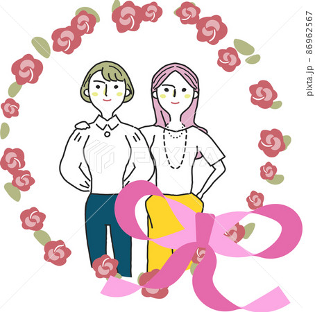 ピンクのリボンと花に囲まれた二人の女性 イラスト素材 ピンクのリボンと花に囲まれた二人の女性 イラスト素材 86962567