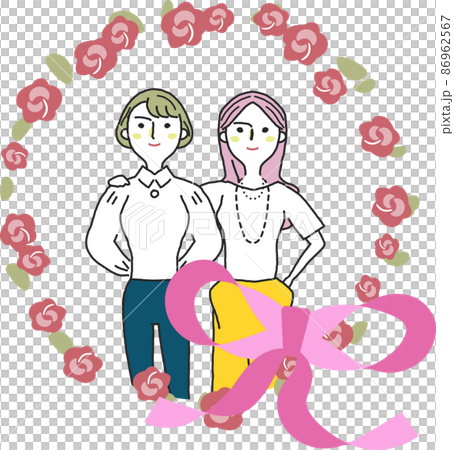 ピンクのリボンと花に囲まれた二人の女性 イラスト素材 ピンクのリボンと花に囲まれた二人の女性 イラスト素材 86962567