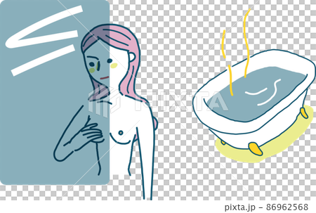 一位女性在洗澡時對著鏡子自我檢查乳腺癌的插圖素材 86962568