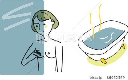 入浴中に鏡に映して乳がんのセルフチェックをする女性　イラスト素材	 86962569
