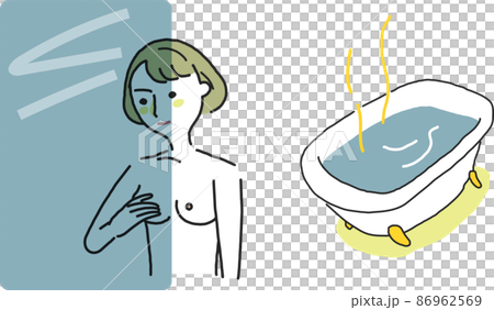 入浴中に鏡に映して乳がんのセルフチェックをする女性　イラスト素材	 86962569