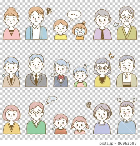 Illustration material set: 3 sets of 3 generation families facing the front with a worried expression (bust up / with main line) 86962595
