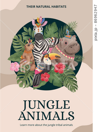 Poster template with jungle tribal animal concept,watercolor style Poster template with jungle tribal animal concept,watercolor style 86962947