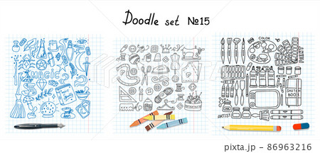 Big vector doodle sewing, magical, paint sets. Vector tailoring, halloween, artist s tools icons. Sewing mannequin, machine, measuring and cutting supplies, Black outline. Sketch with professions 86963216