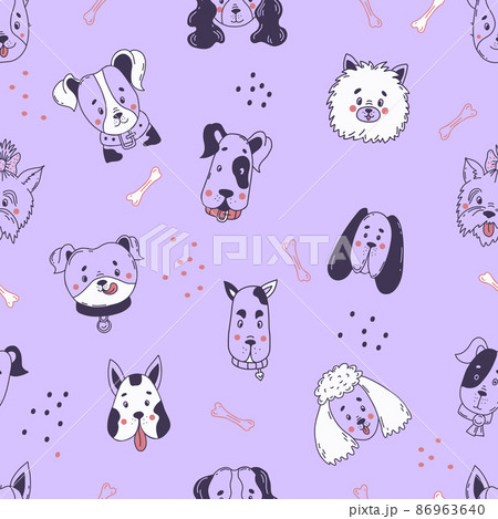 Seamless decorative pattern with muzzle and portraits of cute domestic dogs of different breeds on light purple background. Vector illustration in hand drawn linear doodles for design, decoration. Seamless decorative pattern with muzzle and portraits of cute domestic dogs of different breeds on light purple background. Vector illustration in hand drawn linear doodles for design, decoration. 86963640