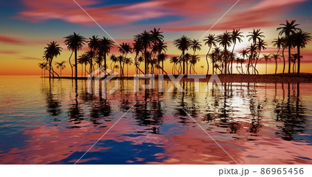 The sea and palm trees against the backdrop of a tropical sunset 3d-rendering The sea and palm trees against the backdrop of a tropical sunset 3d-rendering 86965456