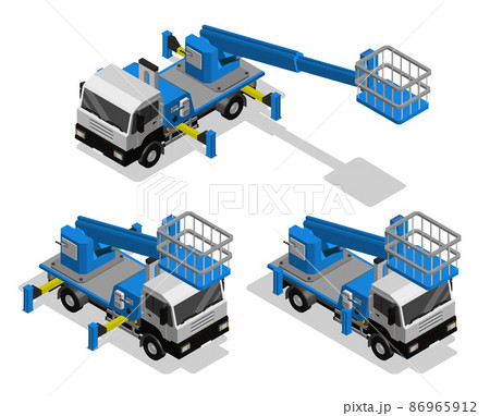 Isometric machine with telescopic boom for lifting workers in basket to height. Transport for high altitude work. Realistic 3D vector isolated on white background 86965912