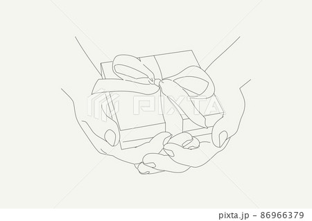Hands holding gift in box. Gift box with a bow in hands. Two hands give a gift. Line style vector illustration. Hands holding gift in box. Gift box with a bow in hands. Two hands give a gift. Line style vector illustration. 86966379