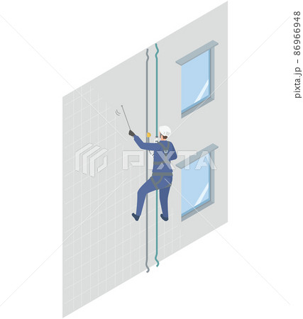 ビルやマンションの外壁調査をロープを吊り下げて行う業者のアイソメイラスト 86966948
