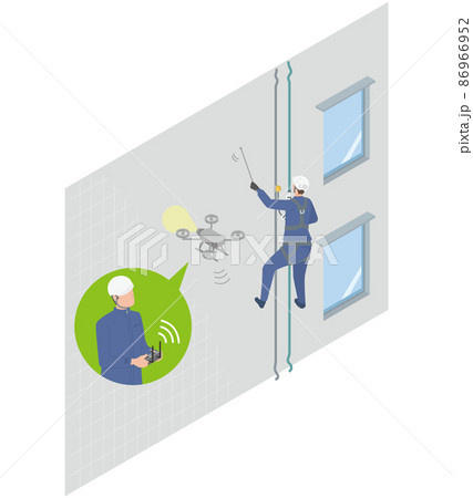 ビルやマンションの外壁調査をロープ点検で行うかドローン点検かを比較したアイソメイラスト ビルやマンションの外壁調査をロープ点検で行うかドローン点検かを比較したアイソメイラスト 86966952