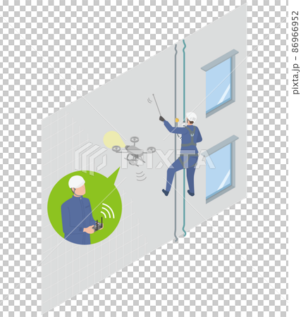 ビルやマンションの外壁調査をロープ点検で行うかドローン点検かを比較したアイソメイラスト ビルやマンションの外壁調査をロープ点検で行うかドローン点検かを比較したアイソメイラスト 86966952