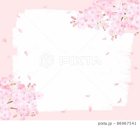 かわいい薄いピンク色の桜の花と花びら春のピンクの壁紙に白いペンキのフレームベクター素材イラスト 86967541