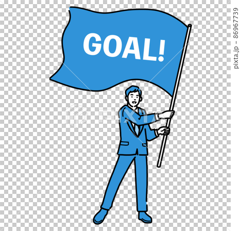 A full-body man in a suit holding a flag labeled Goal 86967739