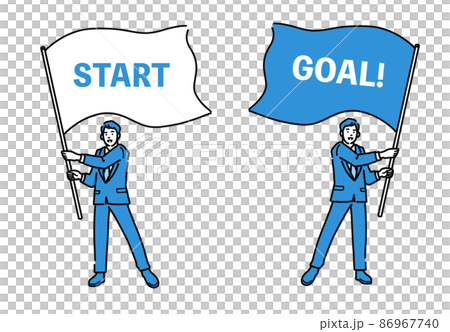 Full-body men in suits holding flags labeled Start and Goal 86967740