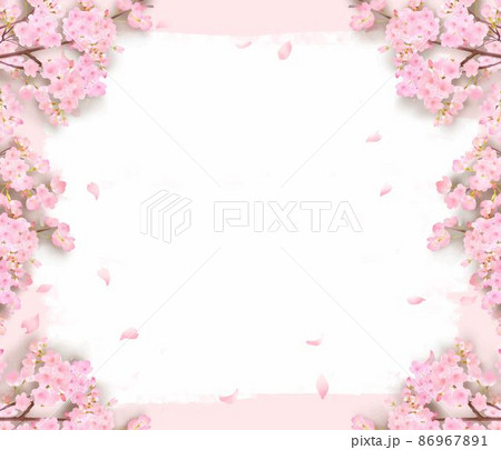 かわいい薄いピンク色の桜の花と花びら春のピンクの壁紙に白いペンキのフレームベクター素材イラストのイラスト素材