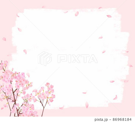 かわいい薄いピンク色の桜の花と花びら春のピンクの壁紙に白いペンキのフレームベクター素材イラスト 86968184