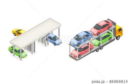 Truck carrying new cars. Auto maintenance service concept isometric vector illustration Truck carrying new cars. Auto maintenance service concept isometric vector illustration 86969814