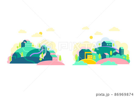 Small town scenes set. Green hills, cute houses and trees at day time vector illustration Small town scenes set. Green hills, cute houses and trees at day time vector illustration 86969874