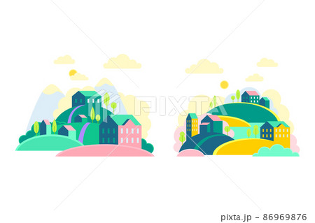 Set of small town scenes with green hills and cute houses at day time vector illustration Set of small town scenes with green hills and cute houses at day time vector illustration 86969876
