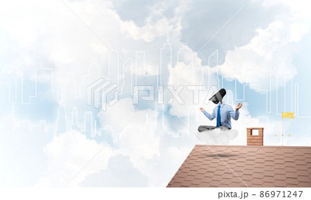 Concept of security and privacy protection with camera headed man meditating 86971247