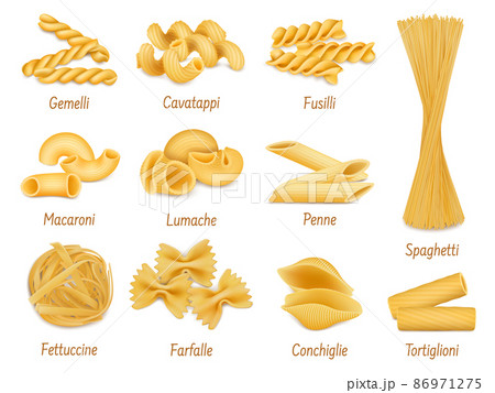 Realistic pasta types, farfalle, spaghetti and penne macaroni. Italian cuisine dish, dry organic pasta vector illustration set. Pasta types 86971275