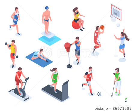 Isometric people do sports, boxing, golf and fitness. Characters do outdoor and indoor sports vector illustration set. Professional athletes exercising 86971285