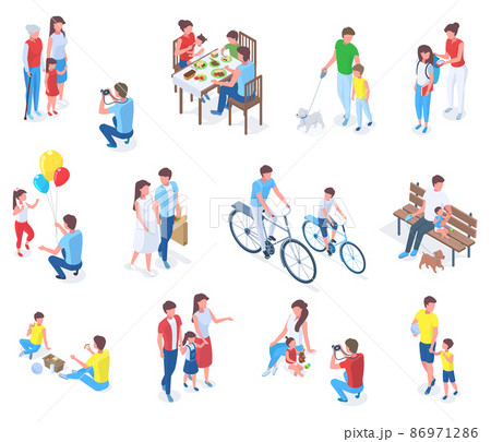 Isometric family with kids, parenting daily or holiday activities. Adults and elders spending time with children vector illustration set. Child care and affection scenes 86971286
