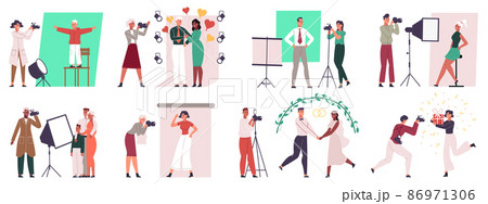 Photographers and models, professional cameraman workflow process. Wedding photoshoot, fashion and family photography vector illustration set. Photo session scenes 86971306