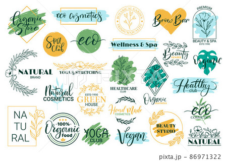 Healthy, beauty, spa and yoga lettering quotes. Hand drawn logos for organic cosmetics products vector illustration set. Spa and wellness lettering elements Healthy, beauty, spa and yoga lettering quotes. Hand drawn logos for organic cosmetics products vector illustration set. Spa and wellness lettering elements 86971322