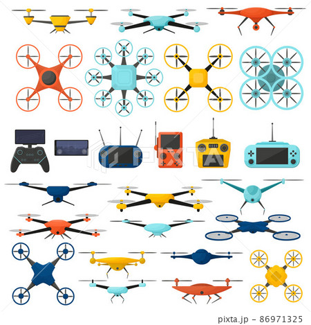 Drone technology aerial gadgets, unmanned aerial quadcopters. Modern multicolored aerial copters vector symbols set. Delivery flying drones Drone technology aerial gadgets, unmanned aerial quadcopters. Modern multicolored aerial copters vector symbols set. Delivery flying drones 86971325