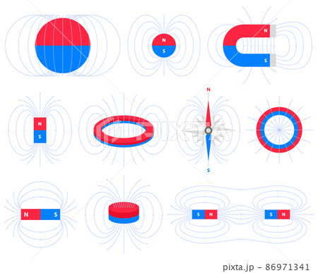 Magnetism physics schemes, polar magnets electromagnetic field. Educational electromagnetism and magnetic poles diagram vector illustration set. Electromagnetic field symbols Magnetism physics schemes, polar magnets electromagnetic field. Educational electromagnetism and magnetic poles diagram vector illustration set. Electromagnetic field symbols 86971341